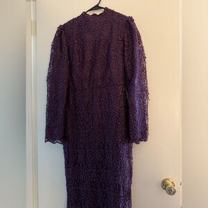 Full Length Long Sleeve Embellished Lace Purple Evening Dress